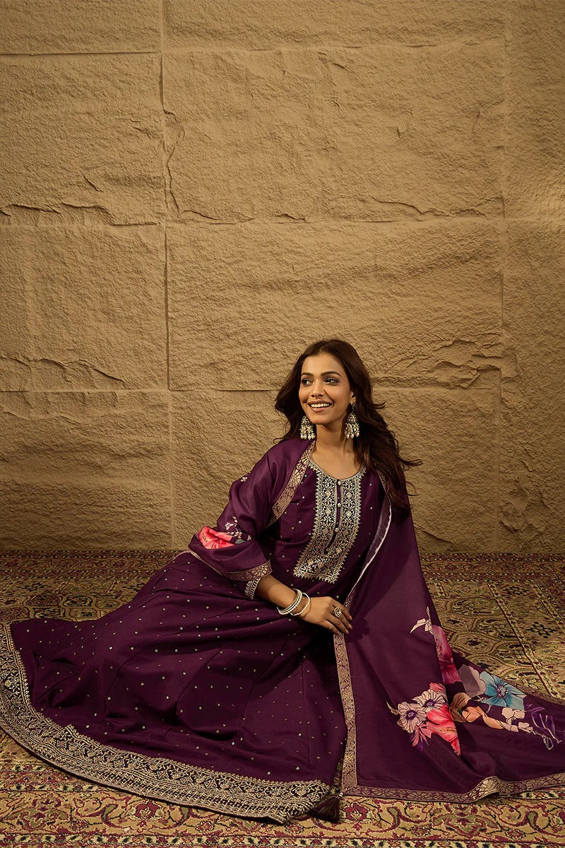 Purple Pure Silk Bandhani Embroidered Anarkali Suit Sets