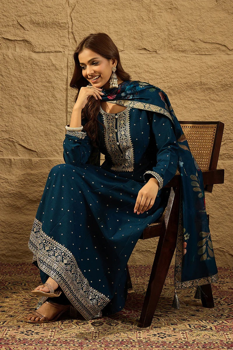 Blue Pure Silk Bandhani Embroidered Anarkali Suit Sets