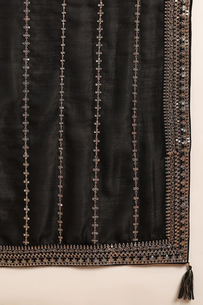 Black Silk Blend Solid Embroidered Straight Suit Set