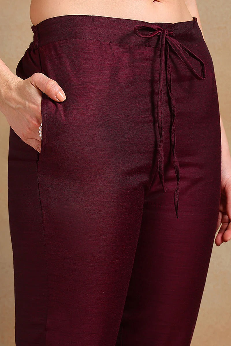 Burgundy Poly Chanderi Woven Design Straight Suit Set