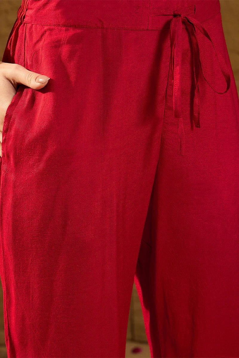 Red Silk Ethnic Motifs Woven Design Straight Kurta Trousers With Dupatta
