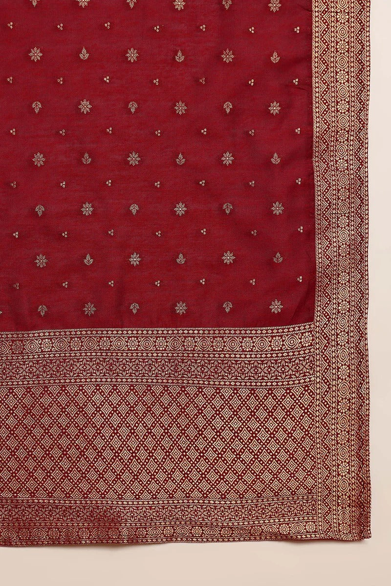 Red Poly Chanderi Woven Design Straight Suit Set