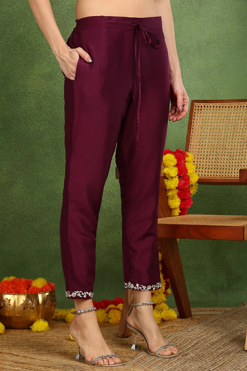 Purple Silk Blend Solid Embroidered Straight Suit Set