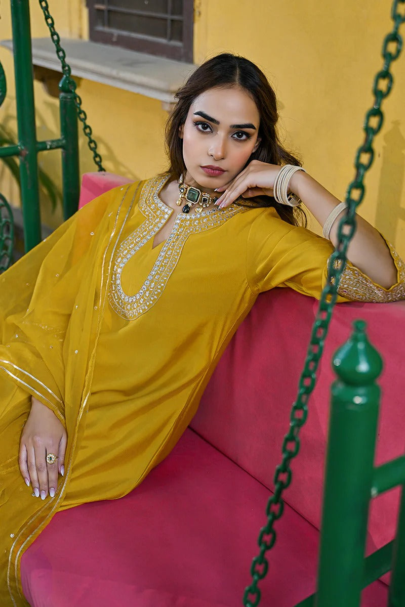 Mustard Silk Blend Solid Embroidered A-Line Kurta Trousers With Dupatta