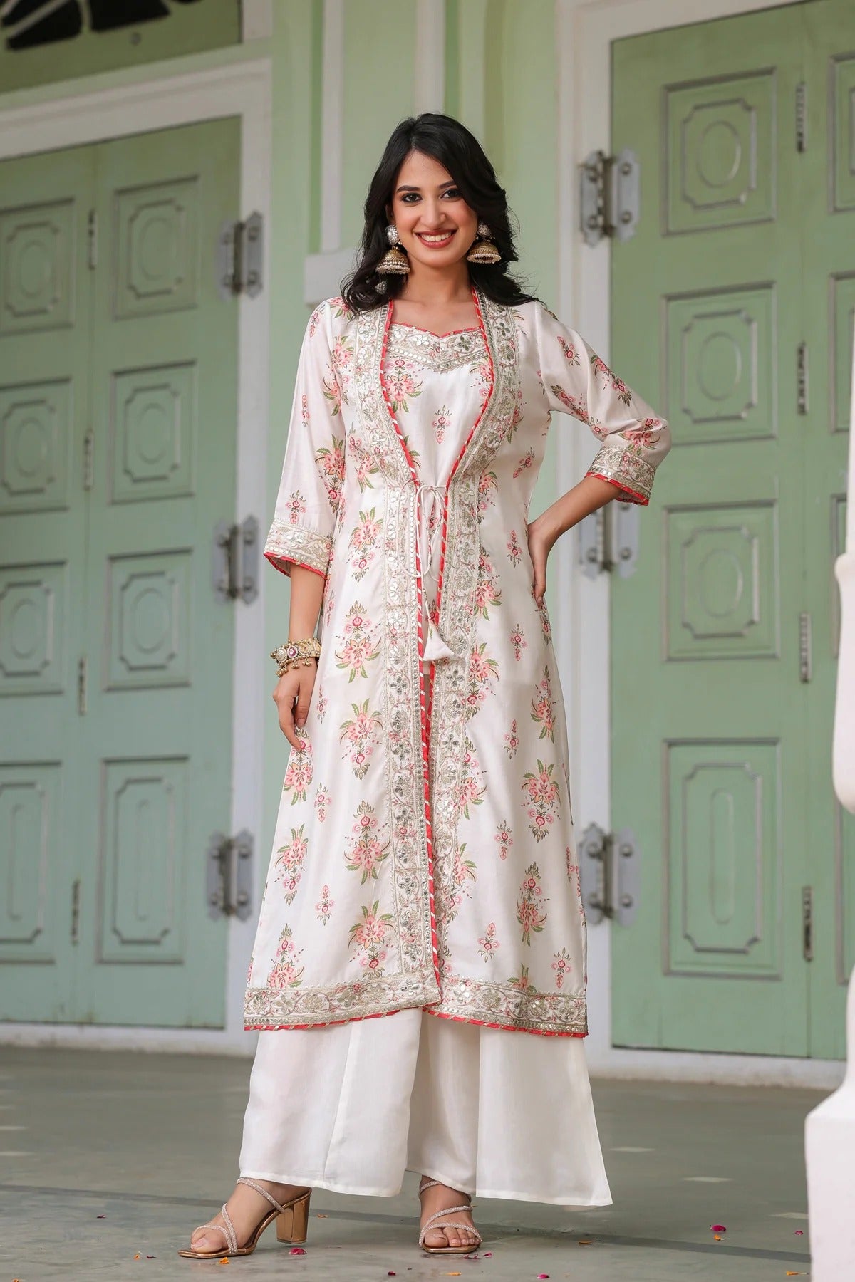 Ivory Chanderi Silk Floral Printed Shrug Set
