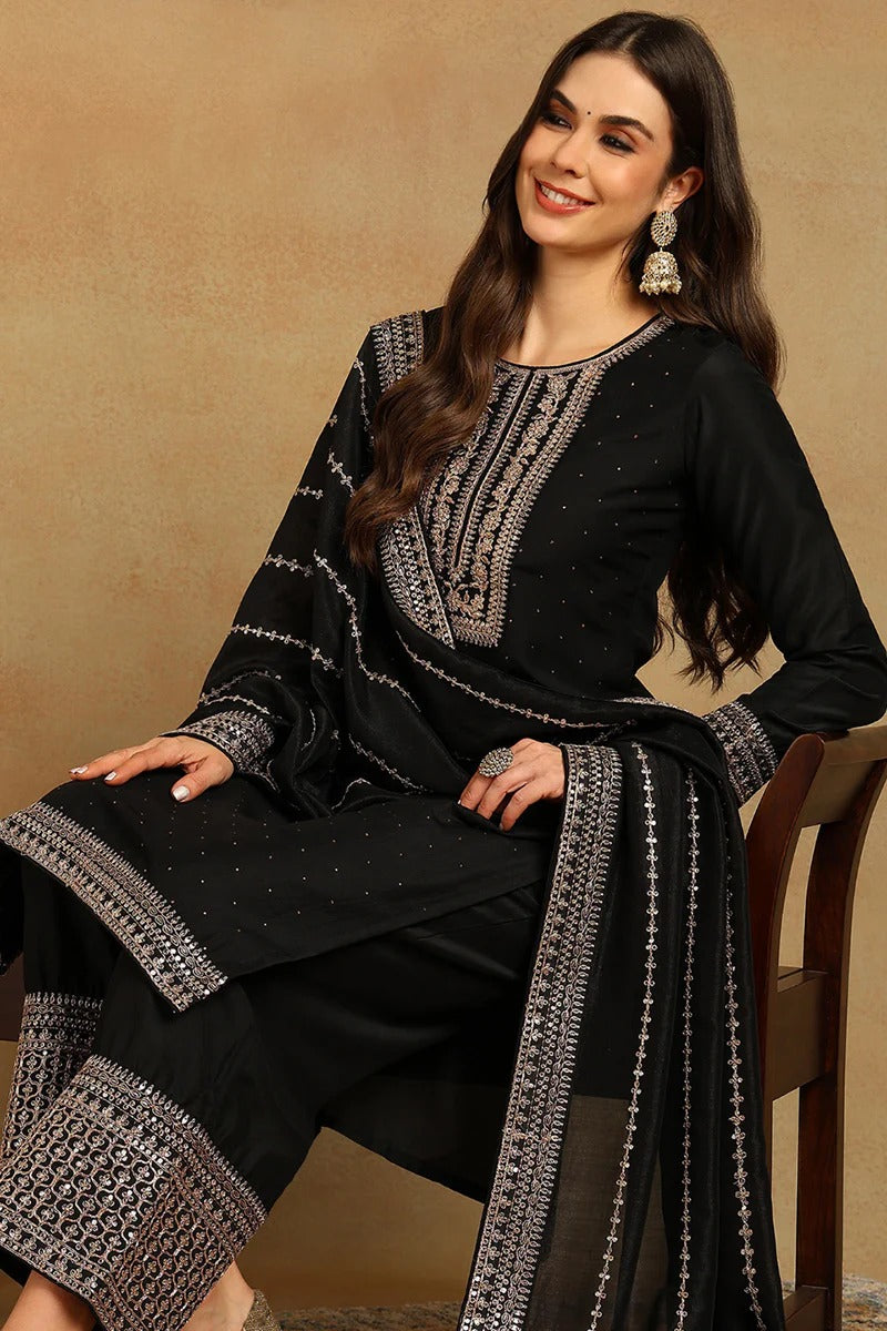 Black Silk Blend Solid Embroidered Straight Suit Set