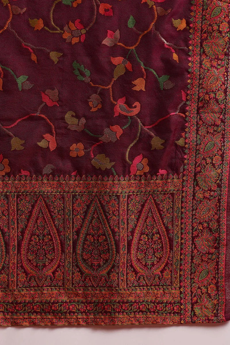 Burgundy Poly Chanderi Woven Design Straight Suit Set
