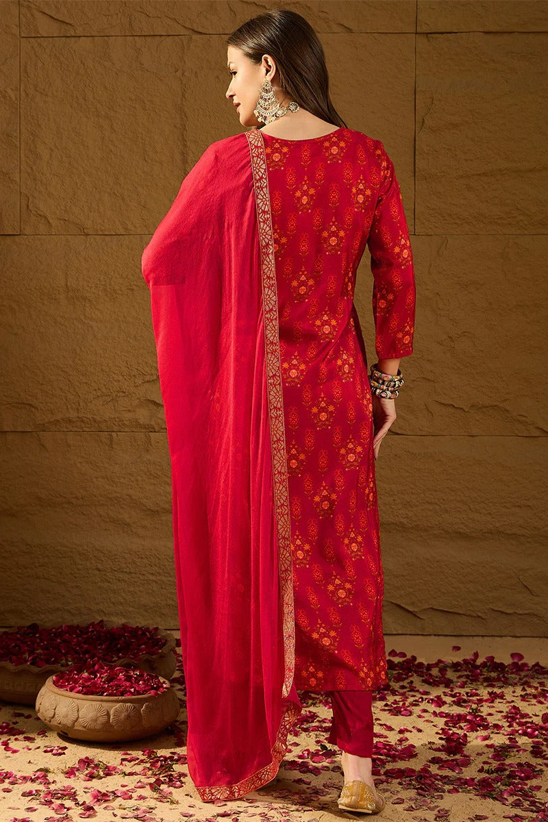 Red Silk Ethnic Motifs Woven Design Straight Kurta Trousers With Dupatta