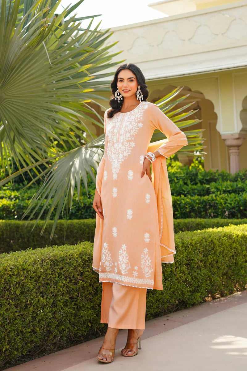 Peach Viscose Solid Embroidered Straight Kurta Palazzo With Dupatta