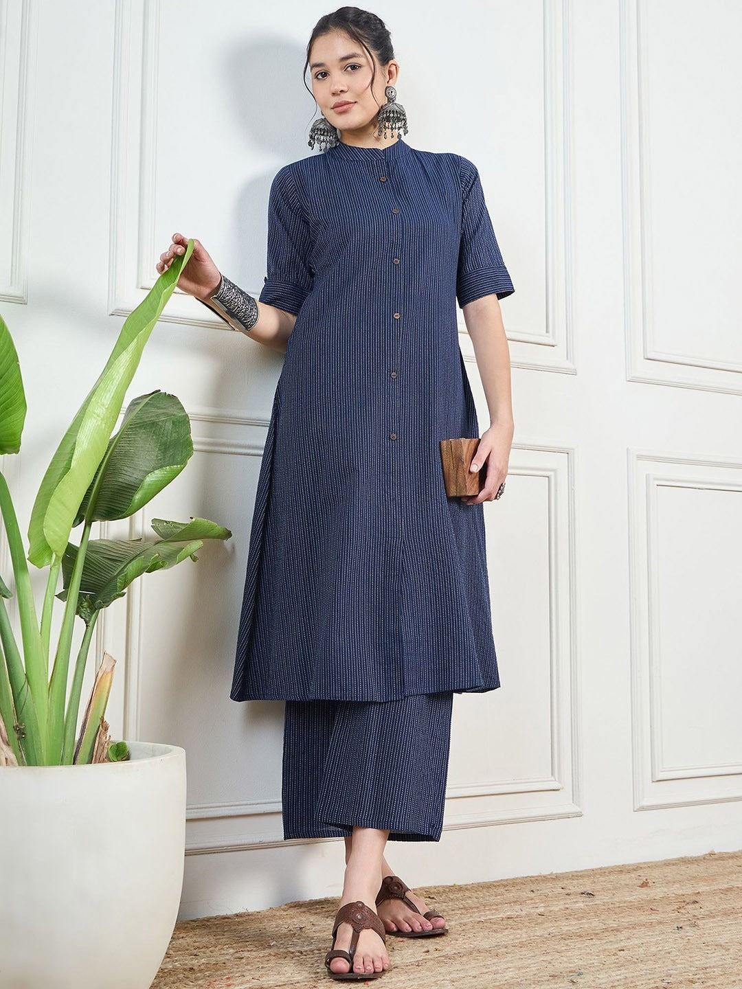 Kaatha work Cotton Long Co-ord set with Mandarin collar, 2pc, TK148-157