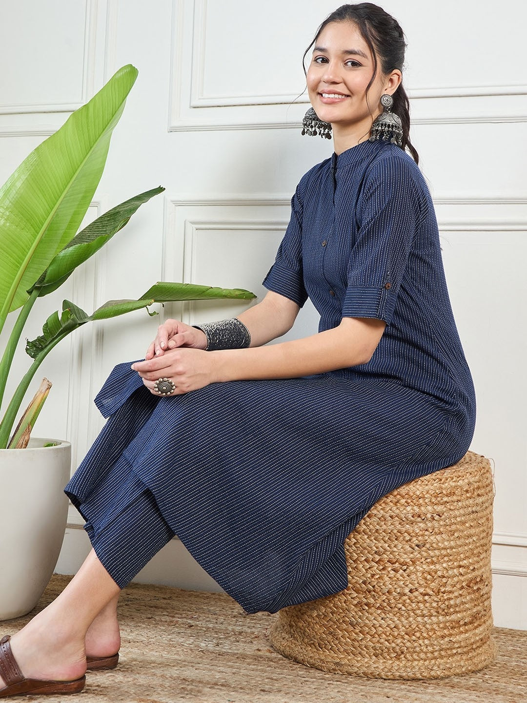 Kaatha work Cotton Long Co-ord set with Mandarin collar, 2pc, TK148-157