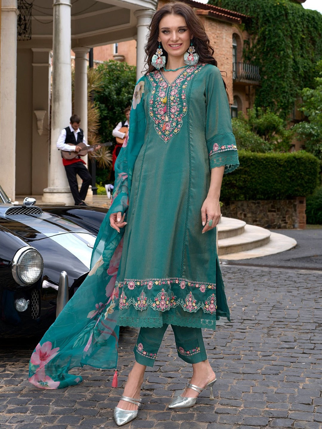 Premium Floral Yoke Design Thread Work A-Line Kurta With Trousers & Dupatta