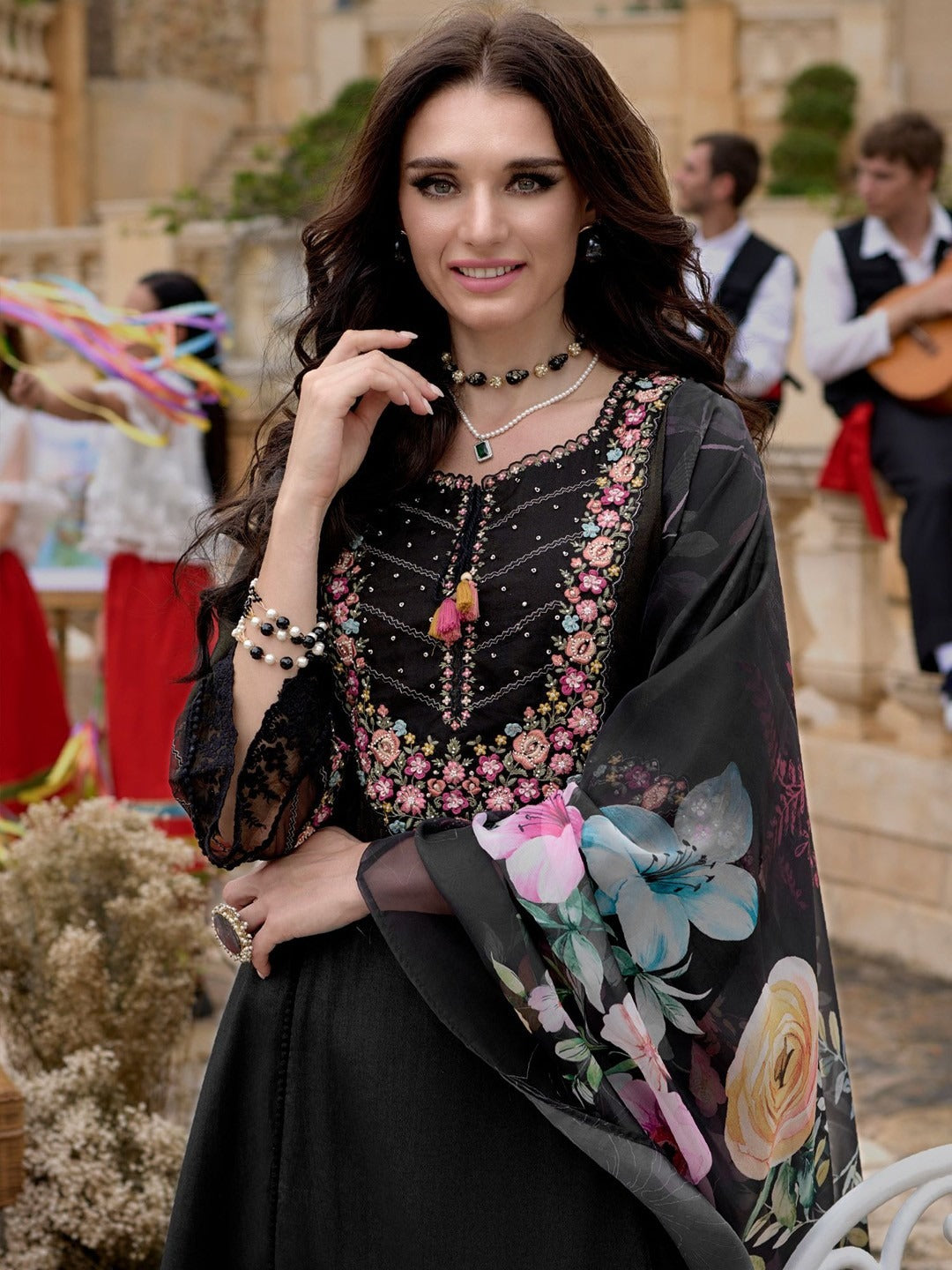 Premium Floral Yoke Design Thread Work A-Line Kurta With Trousers & Dupatta