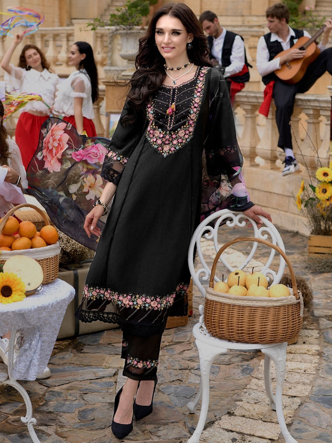 Premium Floral Yoke Design Thread Work A-Line Kurta With Trousers & Dupatta