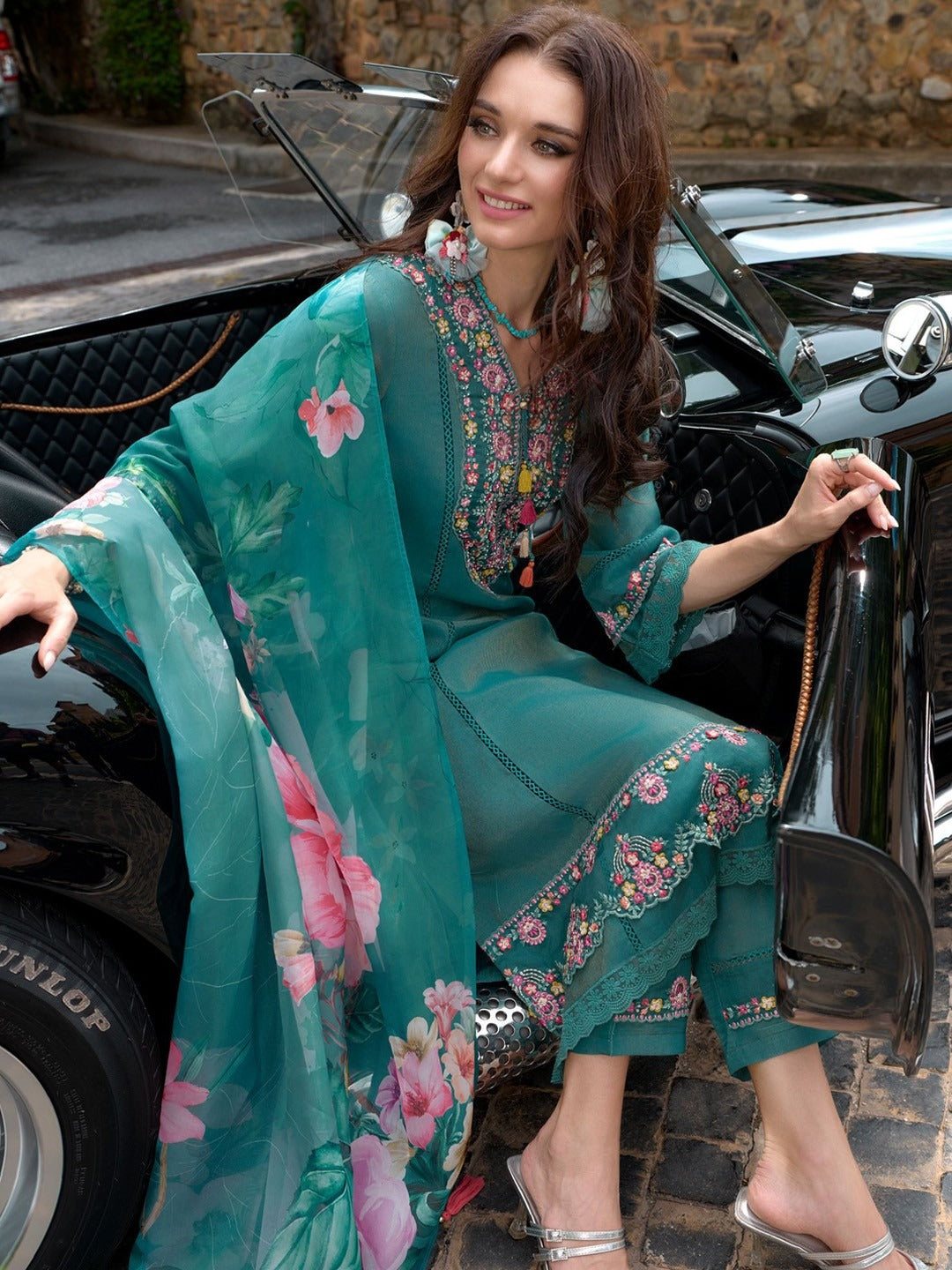 Premium Floral Yoke Design Thread Work A-Line Kurta With Trousers & Dupatta