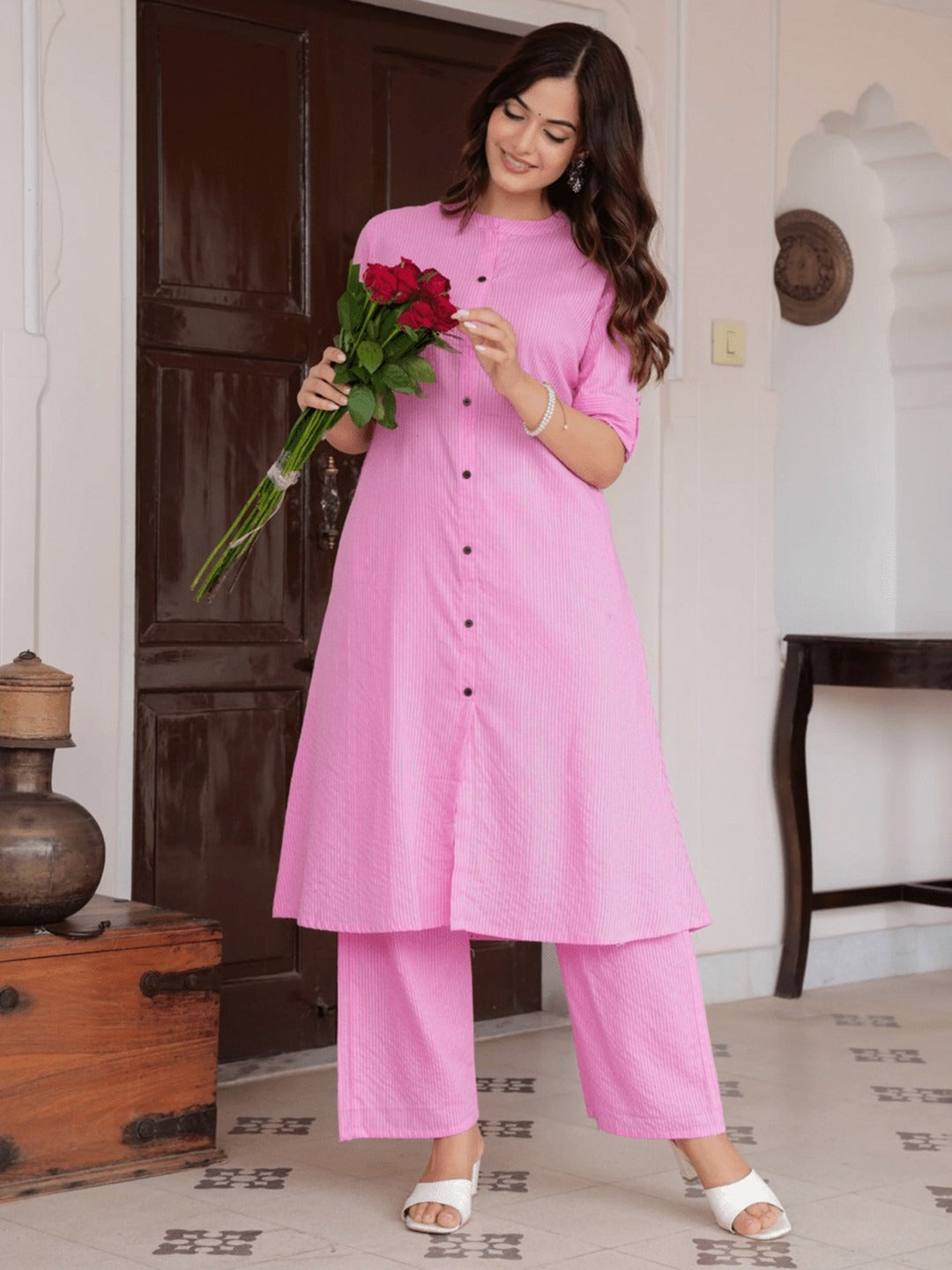 Kaatha work Cotton Long Co-ord set with Mandarin collar, 2pc, TK148-157