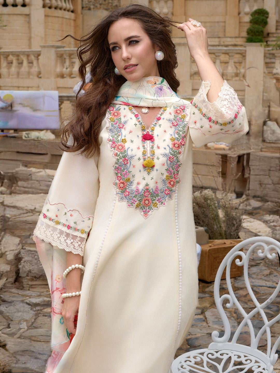 Premium Floral Yoke Design Thread Work A-Line Kurta With Trousers & Dupatta