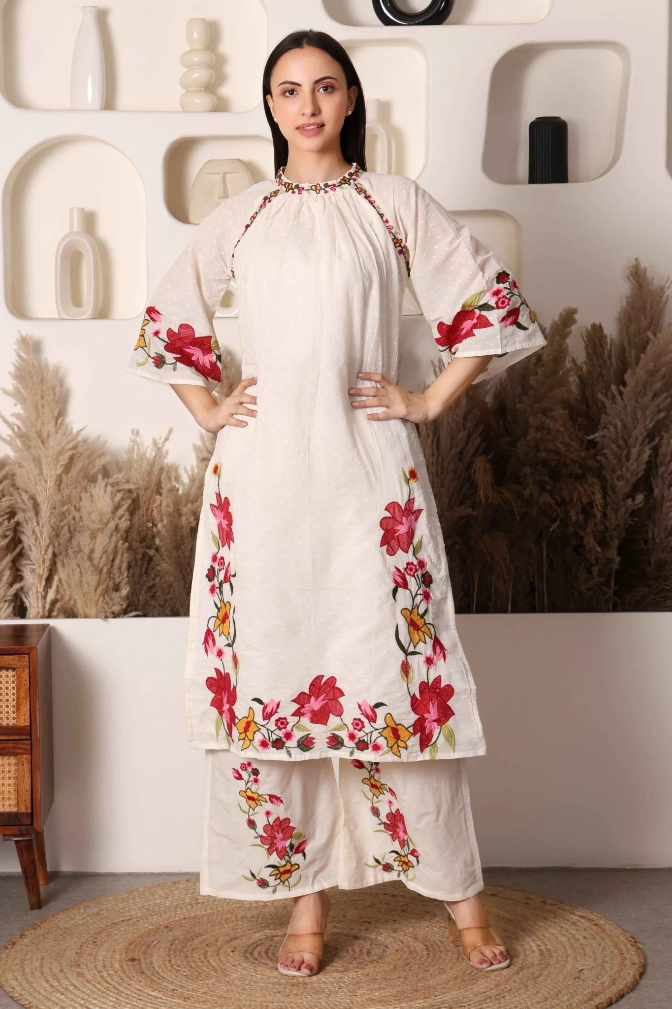 Multicolor Flower Embroidered Cotton Suit for Elegant Style