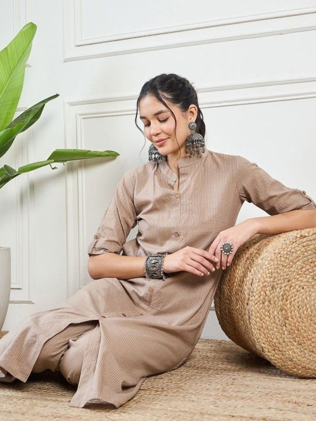 Kaatha work Cotton Long Co-ord set with Mandarin collar, 2pc, TK148-157