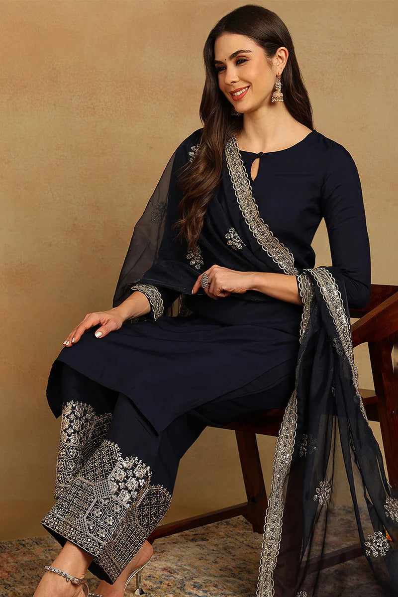 Navy Blue Silk Blend Solid Embroidered Straight Suit Set