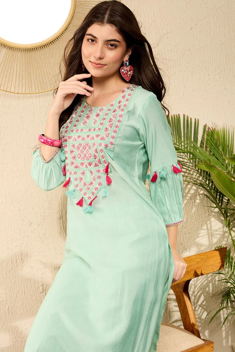 Sea Green Viscose Rayon Solid Embroidered Straight Salwar Kurta Set