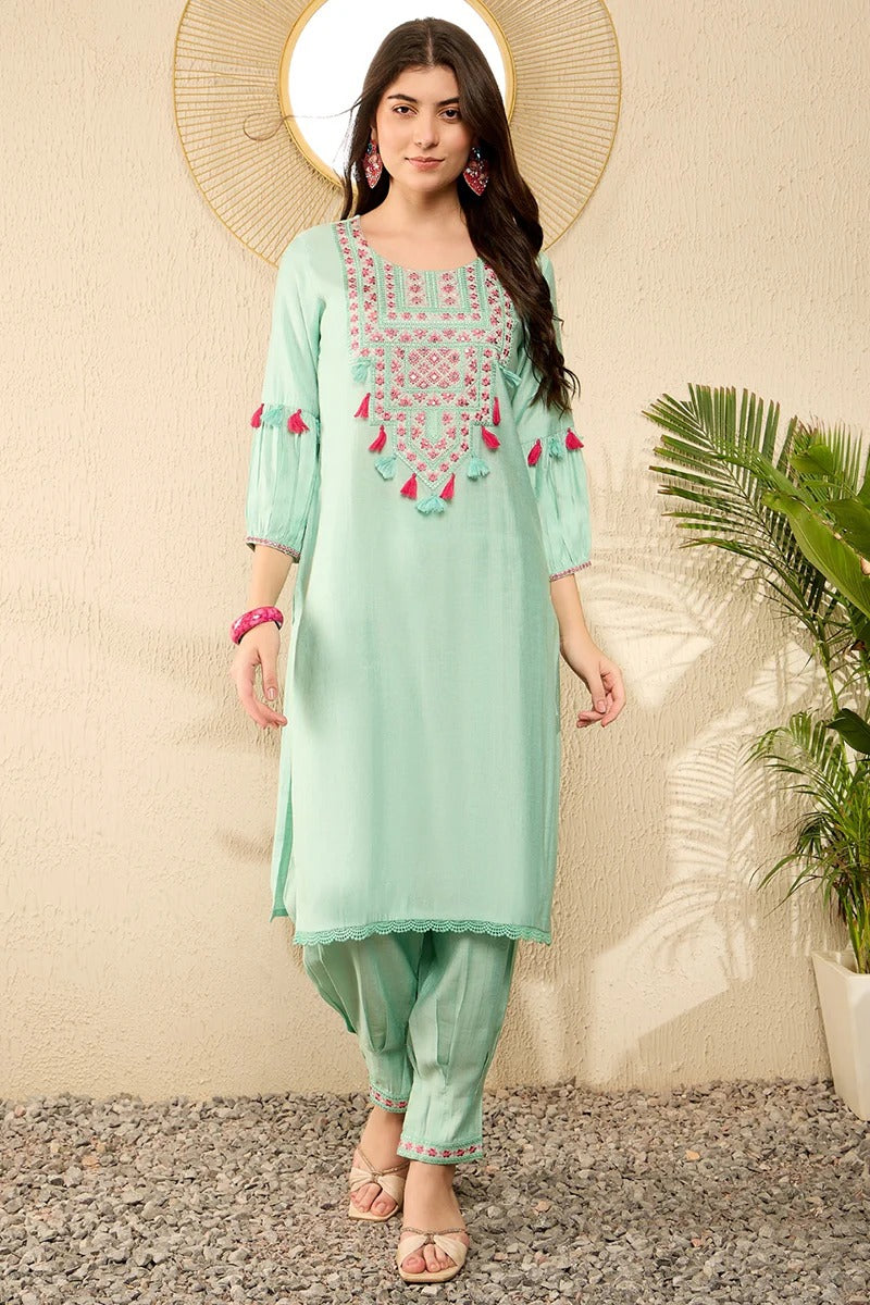 Sea Green Viscose Rayon Solid Embroidered Straight Salwar Kurta Set