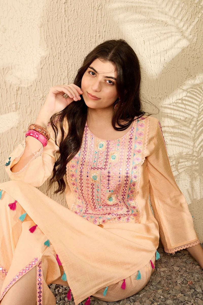 Peach Embroidered Viscose Rayon Straight Trouser Bottom Kurta Set