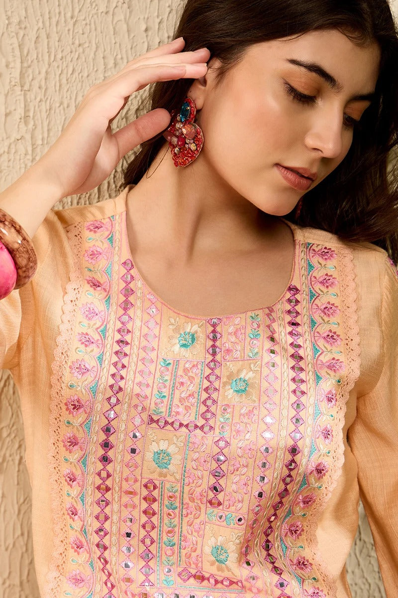Peach Embroidered Viscose Rayon Straight Trouser Bottom Kurta Set