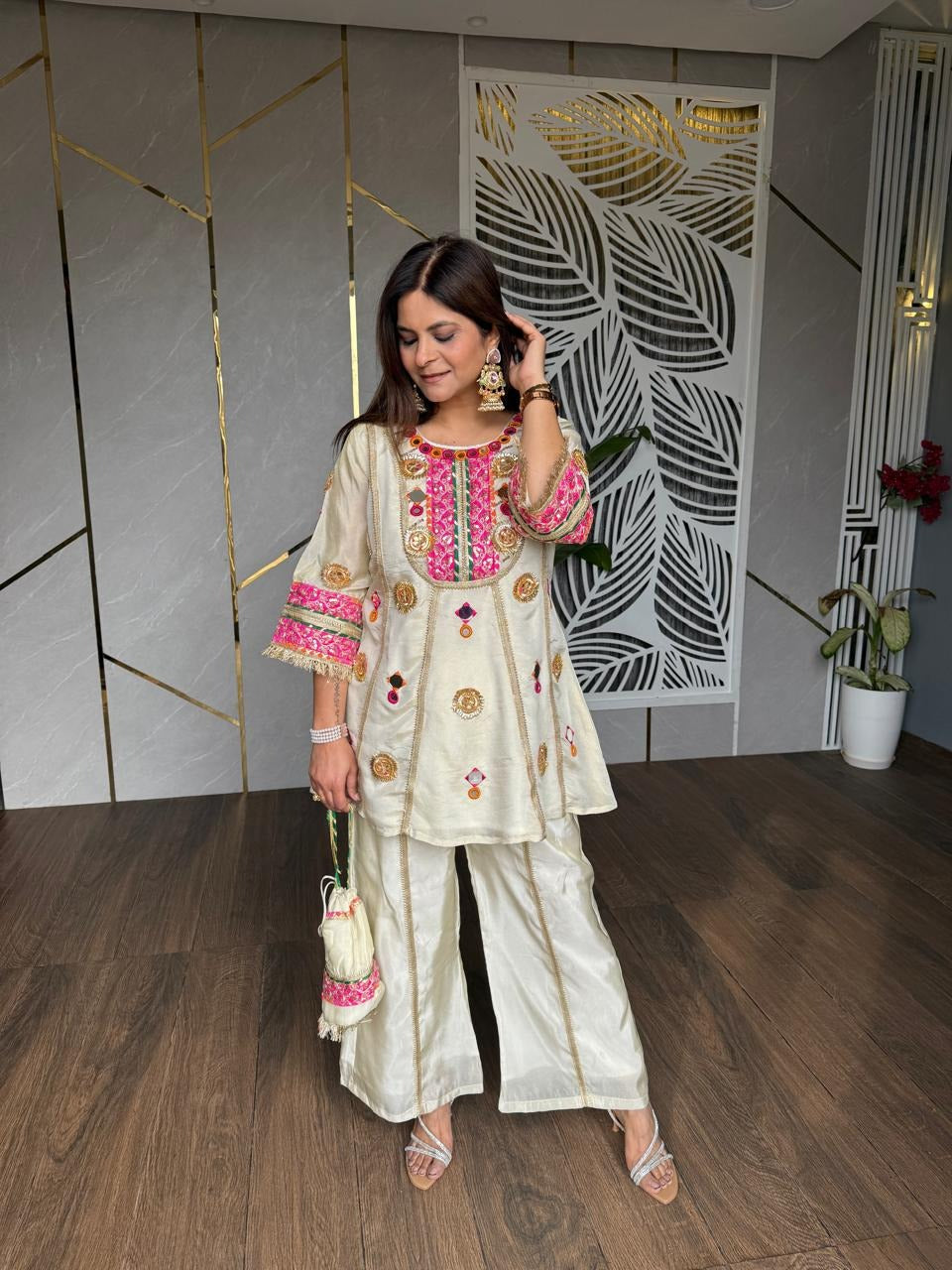 Premium Tissue Silk & Gotta Coord Set With Mirror Work & Potli