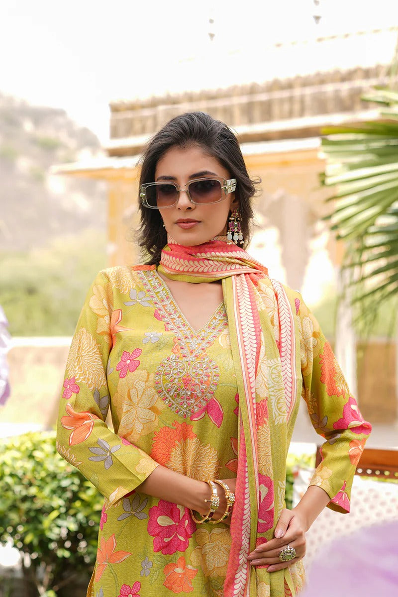 Lime Green Viscose Rayon Floral Embroidered Straight Kurta Trousers With Dupatta