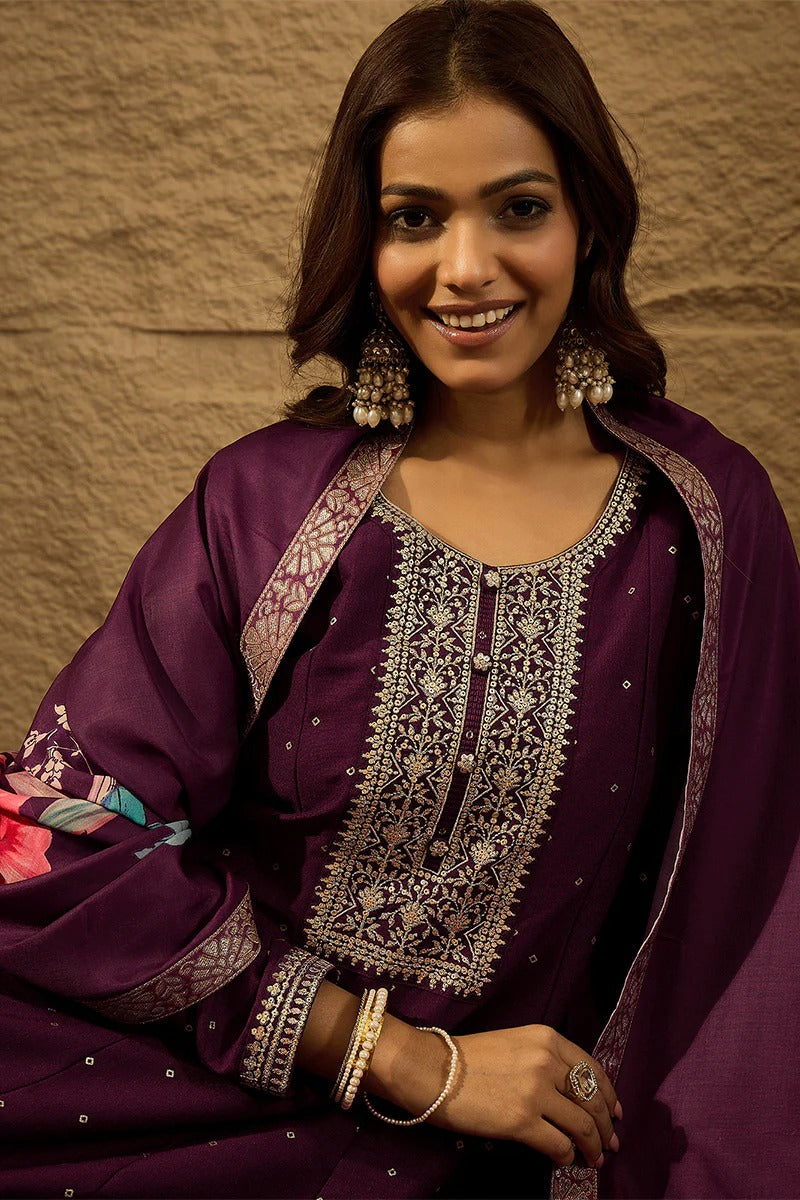 Purple Pure Silk Bandhani Embroidered Anarkali Suit Sets
