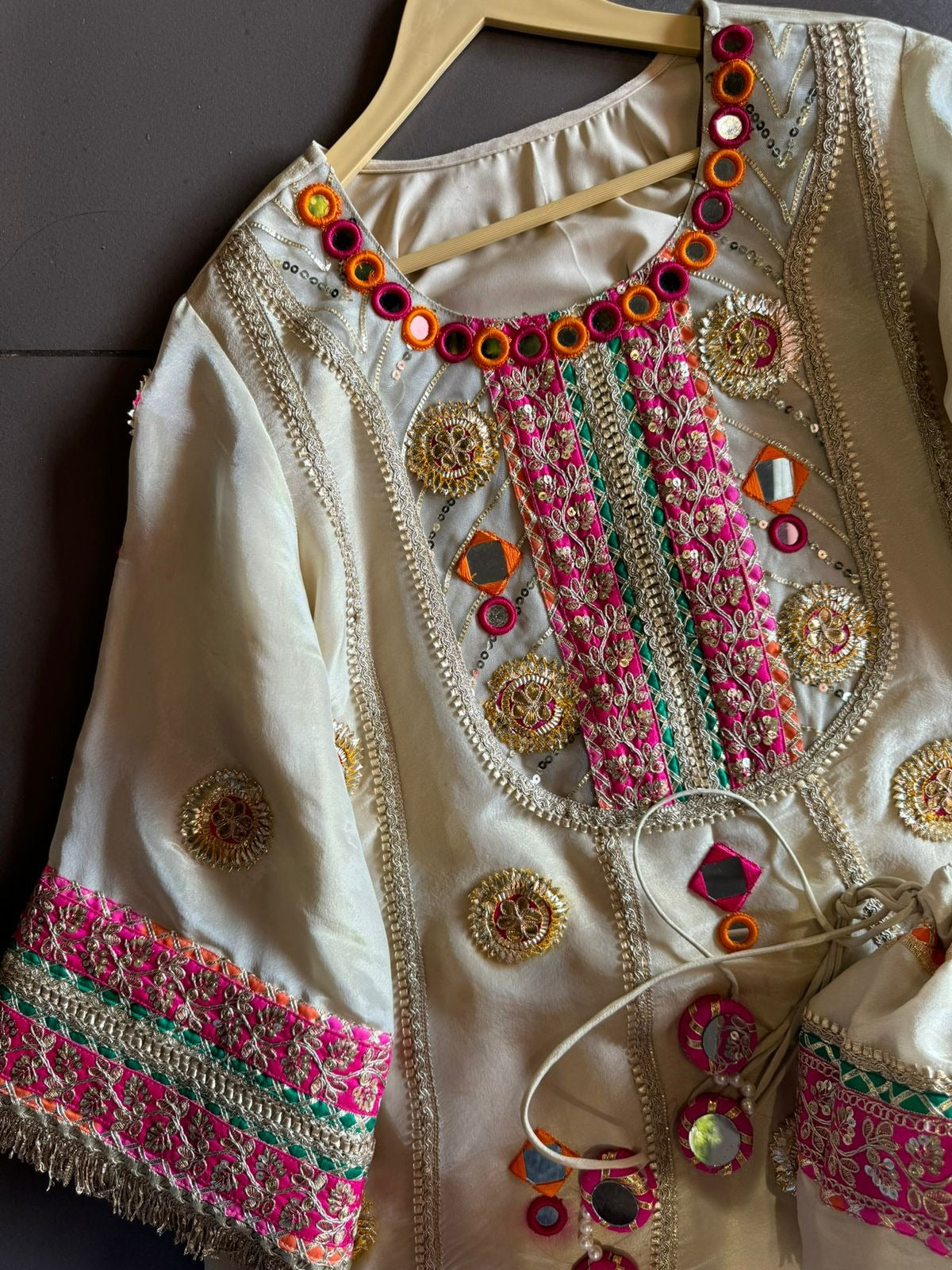 Premium Tissue Silk & Gotta Coord Set With Mirror Work & Potli