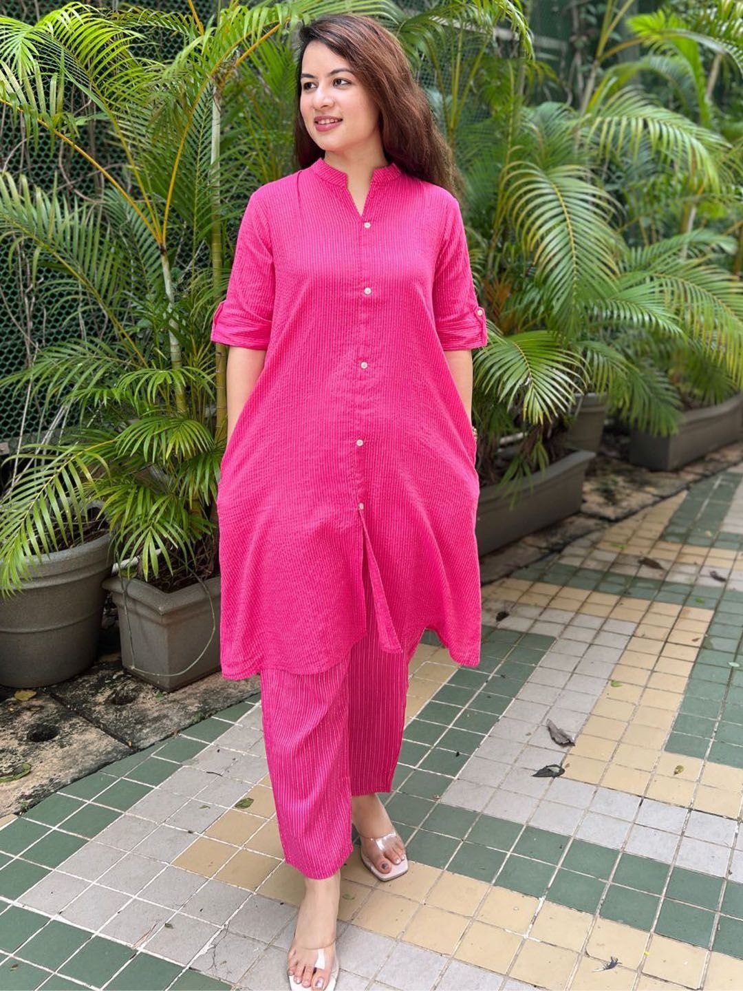Kaatha work Cotton Long Co-ord set with Mandarin collar, 2pc, TK148-157