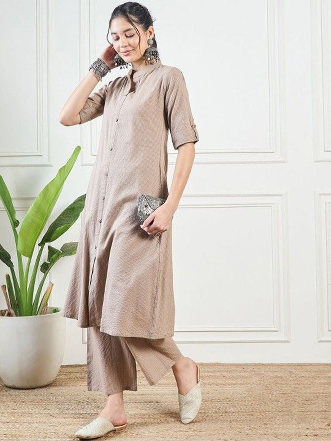 Kaatha work Cotton Long Co-ord set with Mandarin collar, 2pc, TK148-157