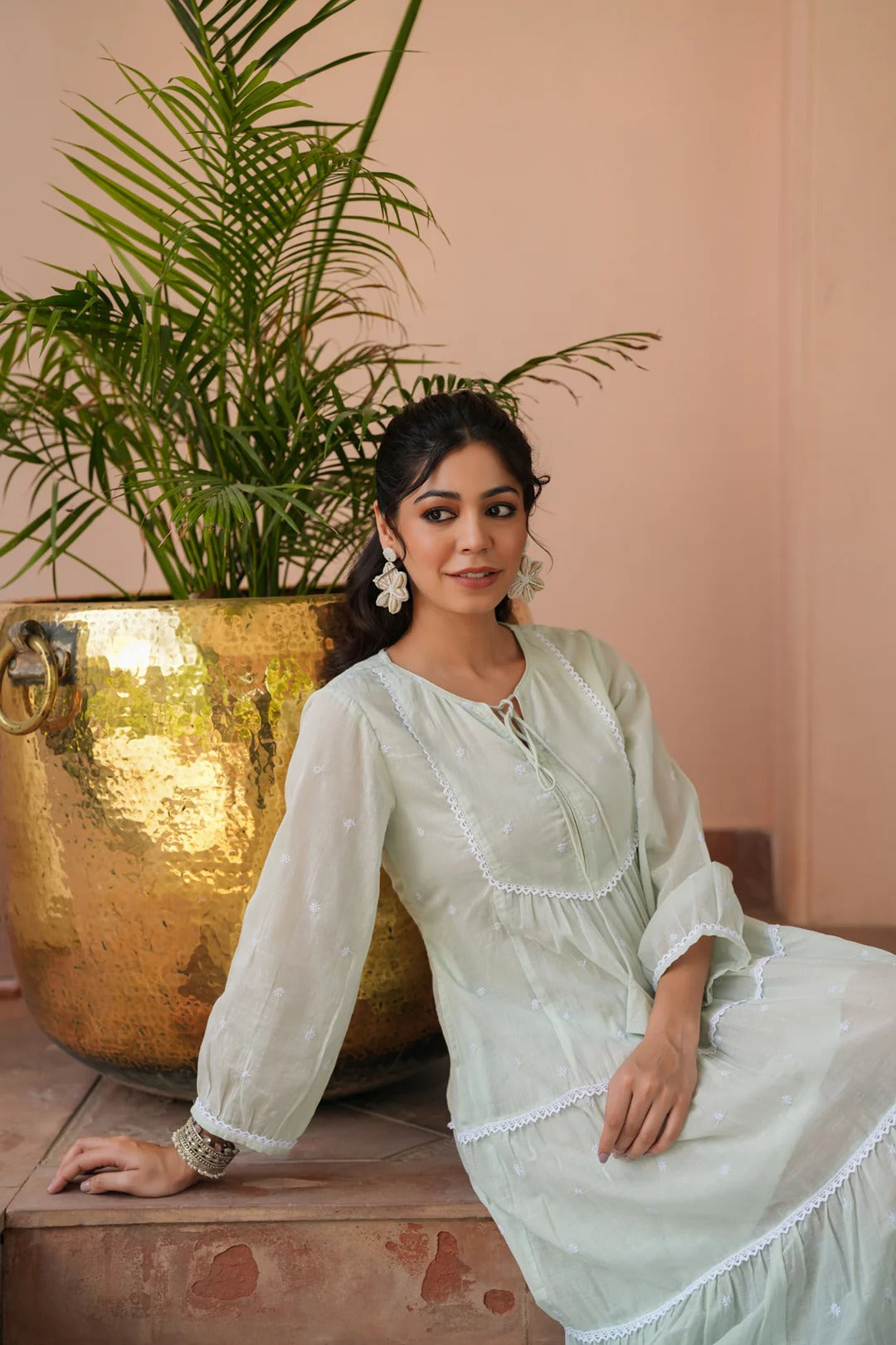 Pistagreen Cotton Mulmul Embroidered Tiered Maxi Dress