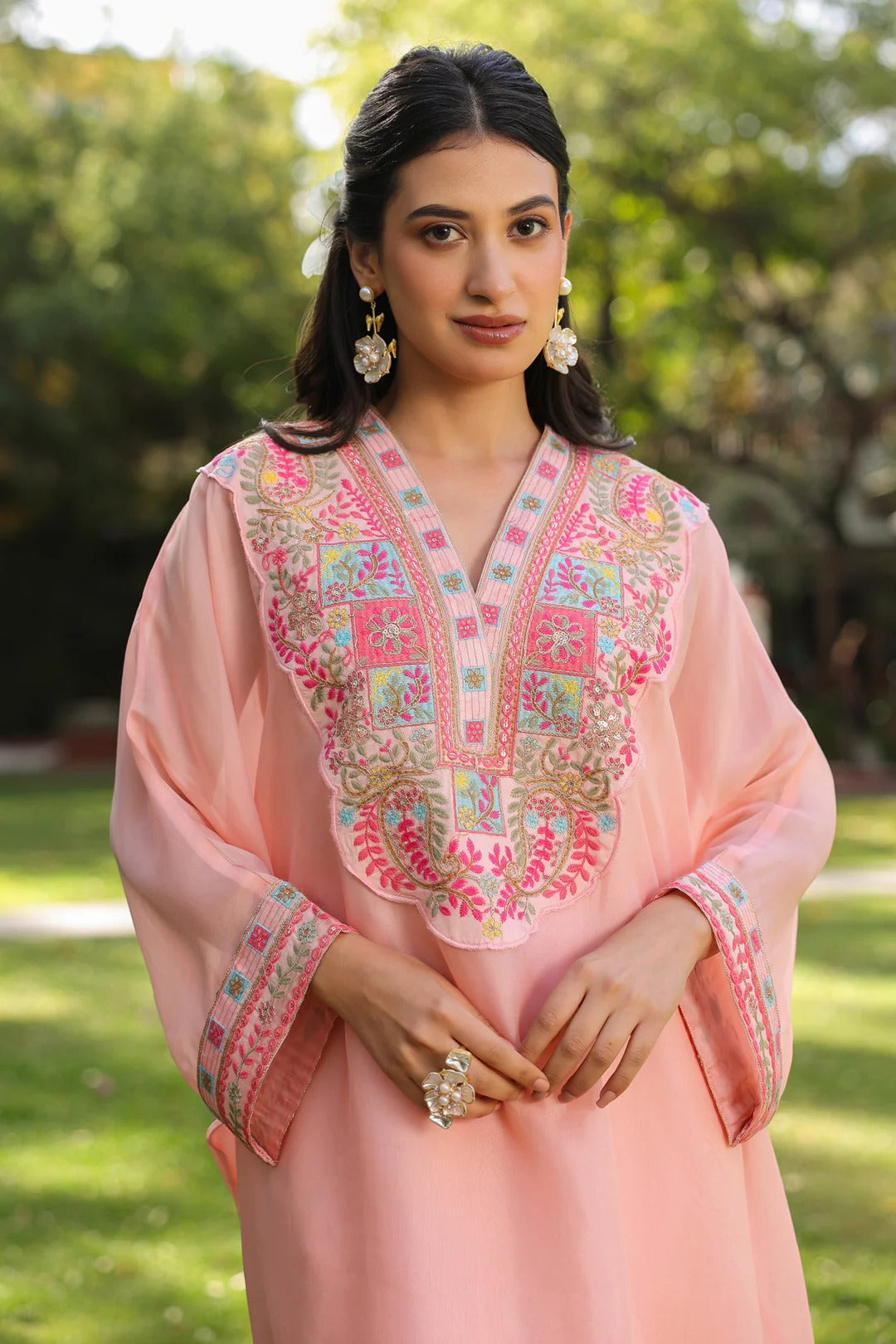 Peach' Organza Silk Embroidered Kaftan Set
