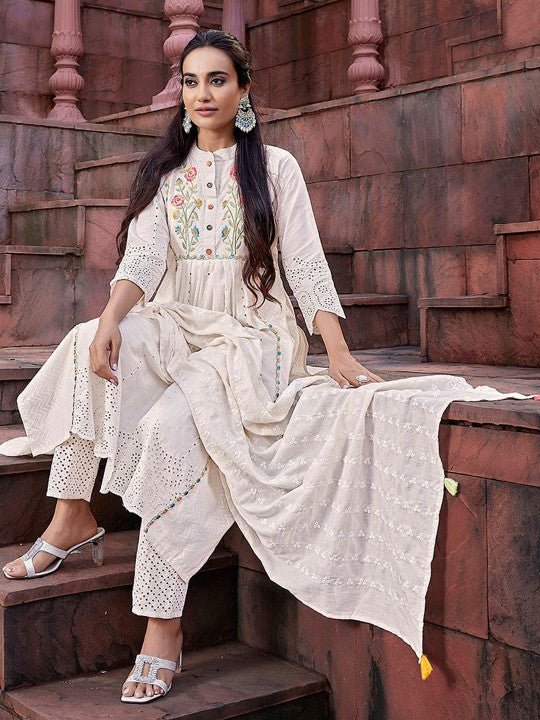 Off-white floral embroidered siot set with dupatta, 3pc, TK184