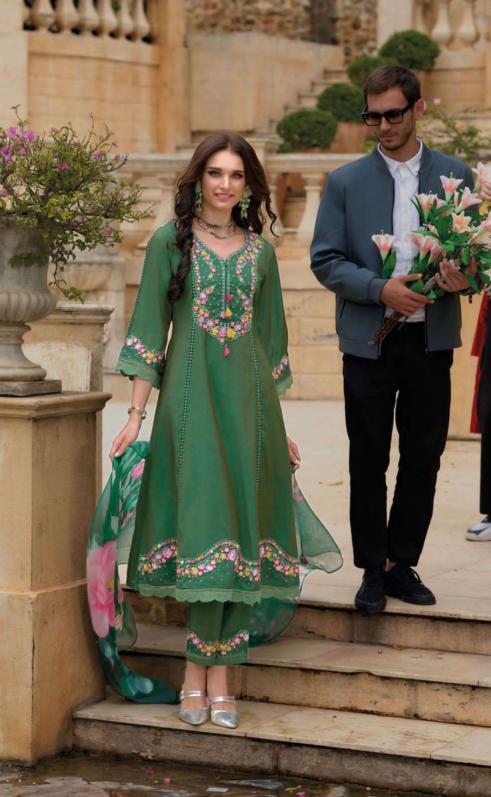 Premium Floral Yoke Design Thread Work A-Line Kurta With Trousers & Dupatta