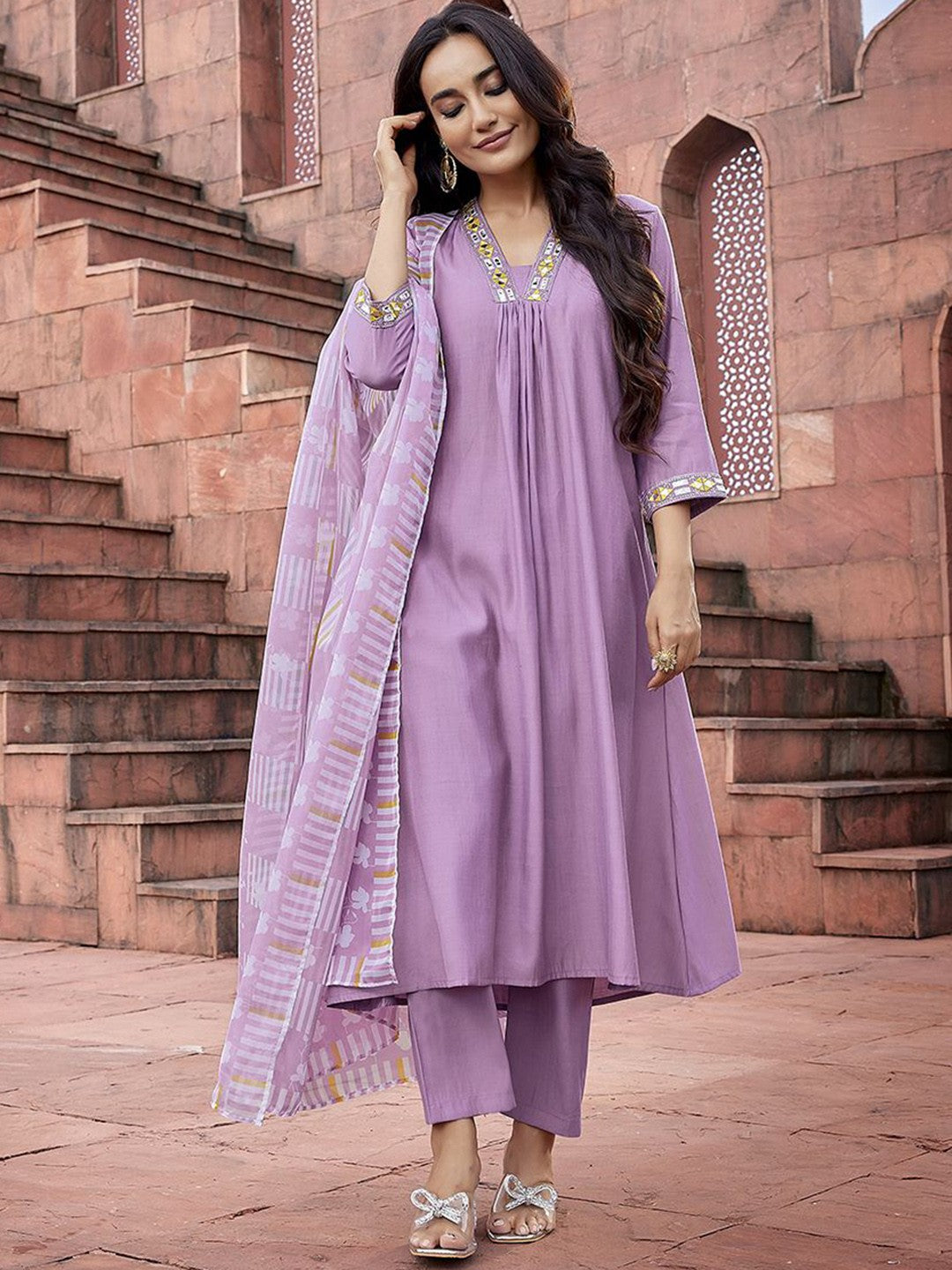 Yoke Design with Mirror Work & Solid Flared Viscose Kurta Pant with Dupatta, 3pc, TK208-209