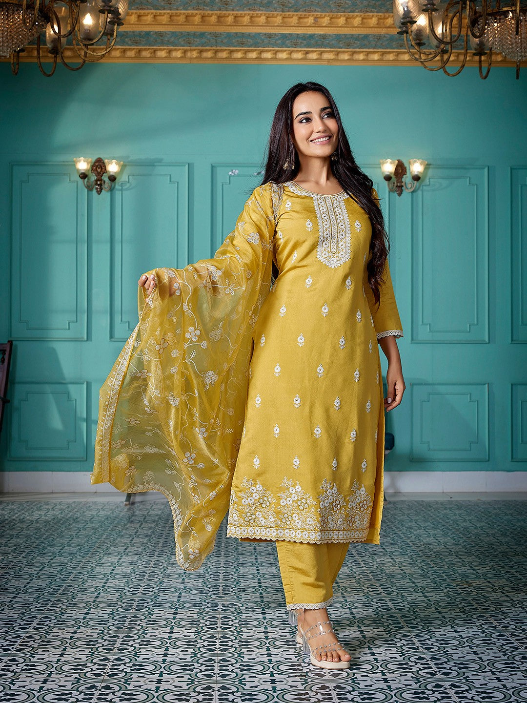 Yellow Chanderi Ethnic Motifs Embroidered Straight Kurta Pant with Dupatta, 3pc, TK202