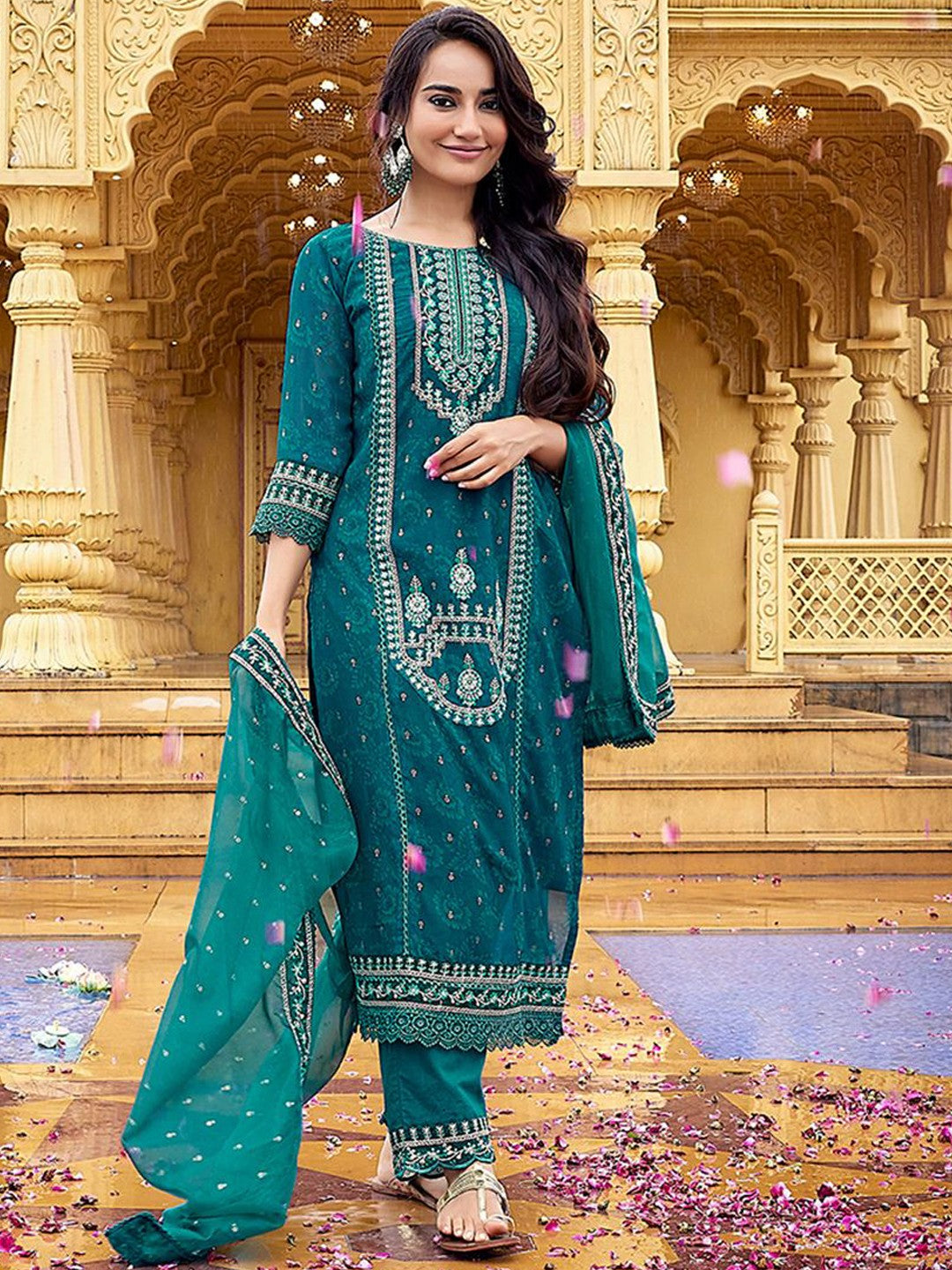 Rama Blue Faux Georgette Ethnic Motifs Embroidered Straight Kurta Pant with Dupatta, 3pc, TK200