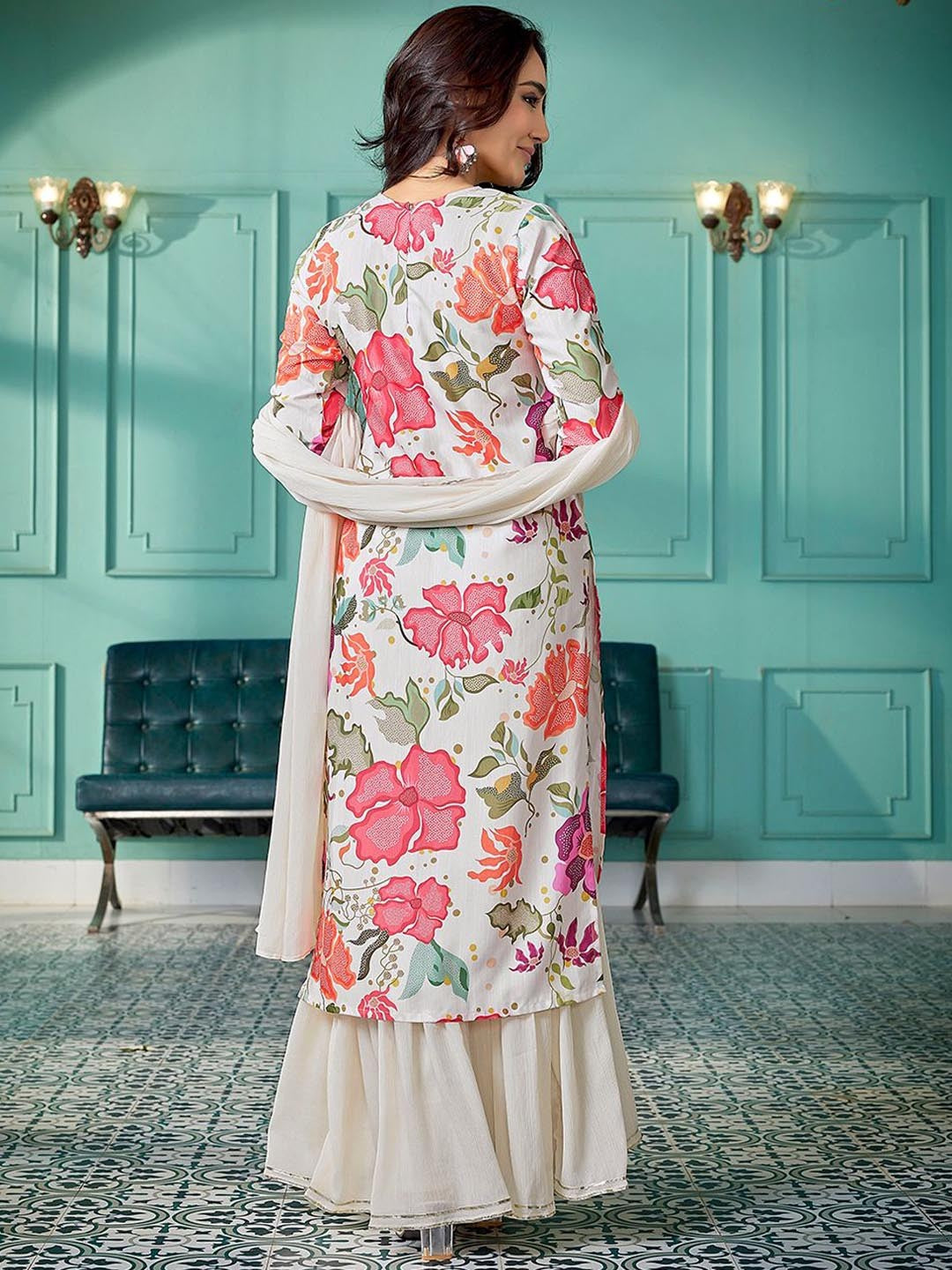 Multicolored Floral n Mirror Work Embroidered Viscose Straight Kurta Sharara with Dupatta, 3pc, TK207