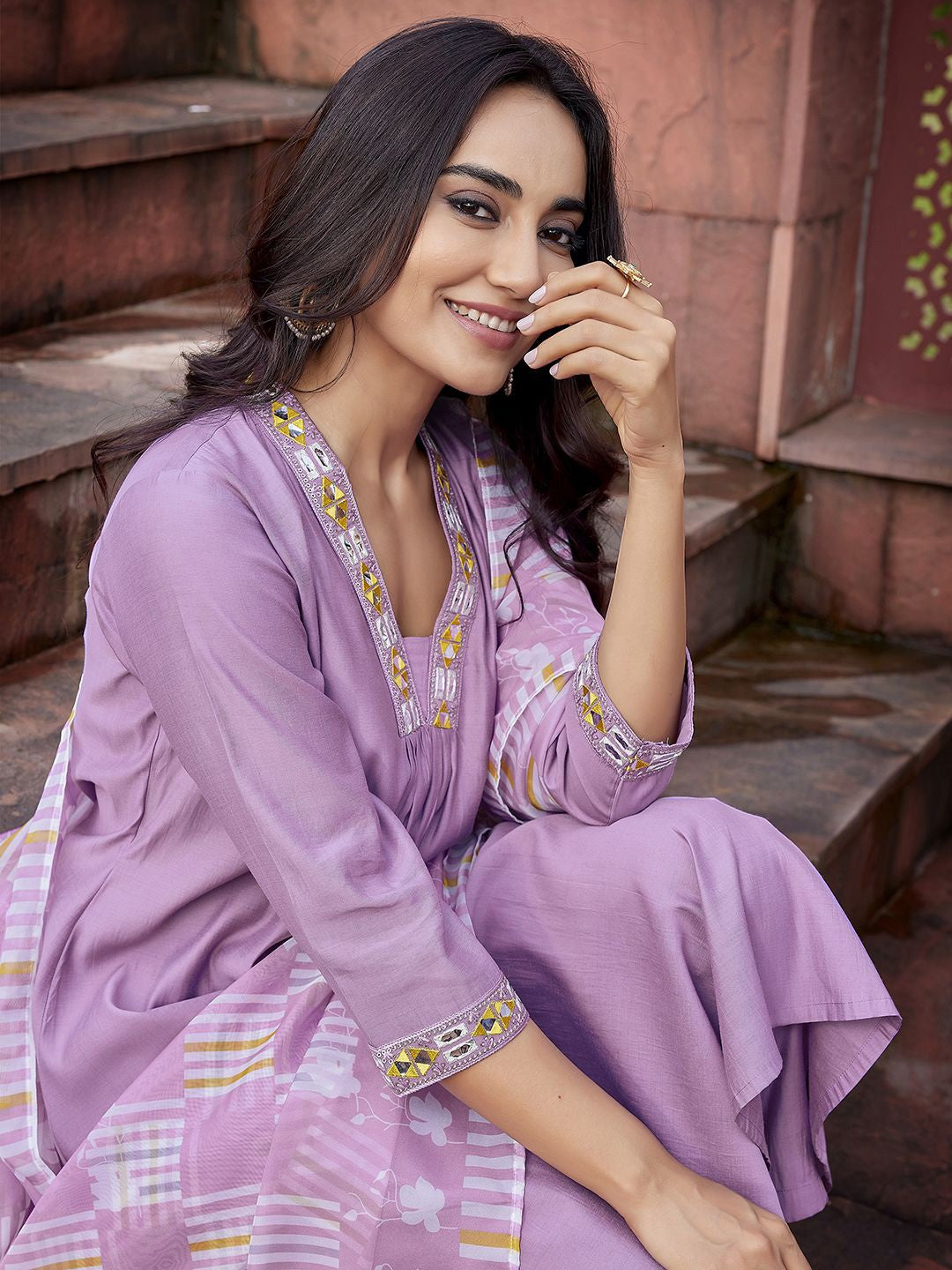 Yoke Design with Mirror Work & Solid Flared Viscose Kurta Pant with Dupatta, 3pc, TK208-209