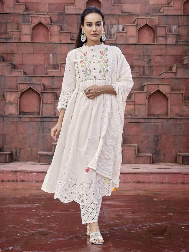 Off-white floral embroidered siot set with dupatta, 3pc, TK184