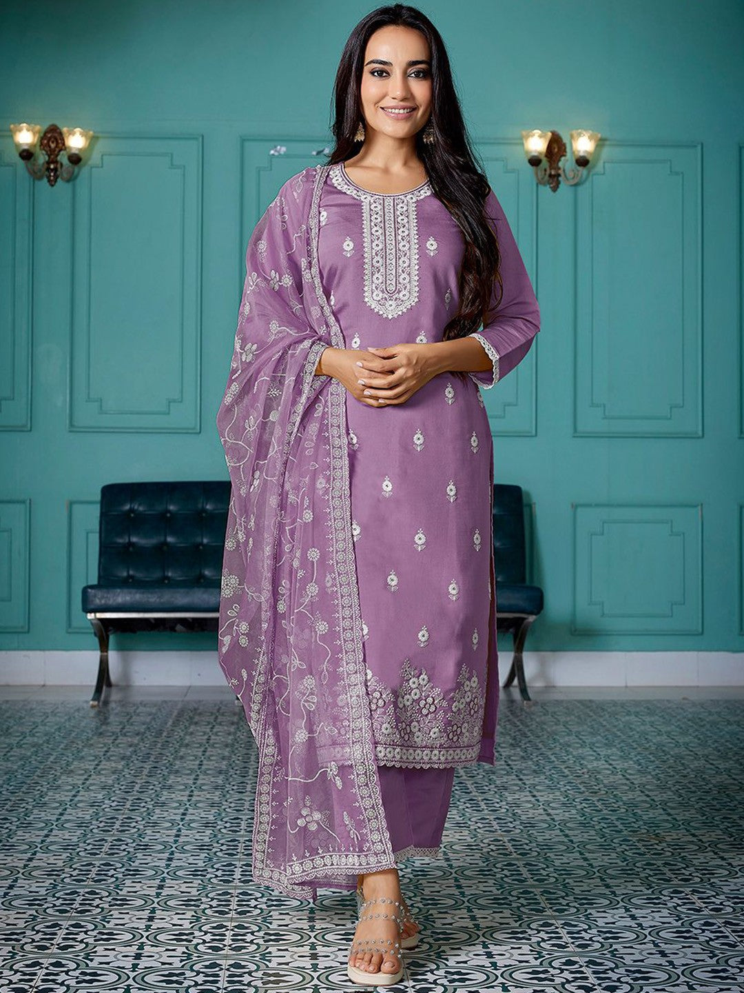 Purple Chanderi Ethnic Motifs Embroidered Straight Kurta Pant with Dupatta, 3pc, TK203