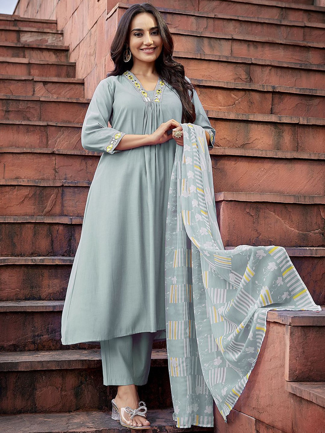 Yoke Design with Mirror Work & Solid Flared Viscose Kurta Pant with Dupatta, 3pc, TK208-209
