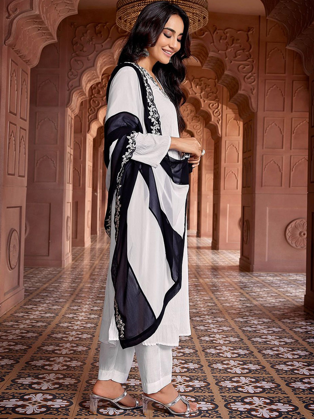Black and white Yoke n Sequence Design Solid Flared Viscose Kurta Pant with Dupatta, 3pc, TK211