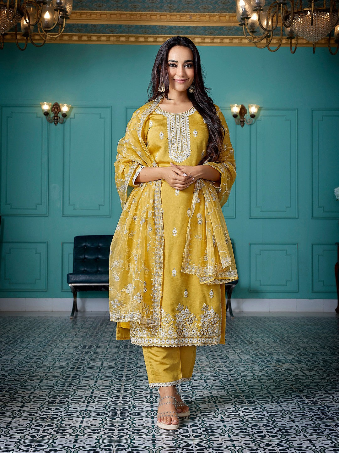Yellow Chanderi Ethnic Motifs Embroidered Straight Kurta Pant with Dupatta, 3pc, TK202