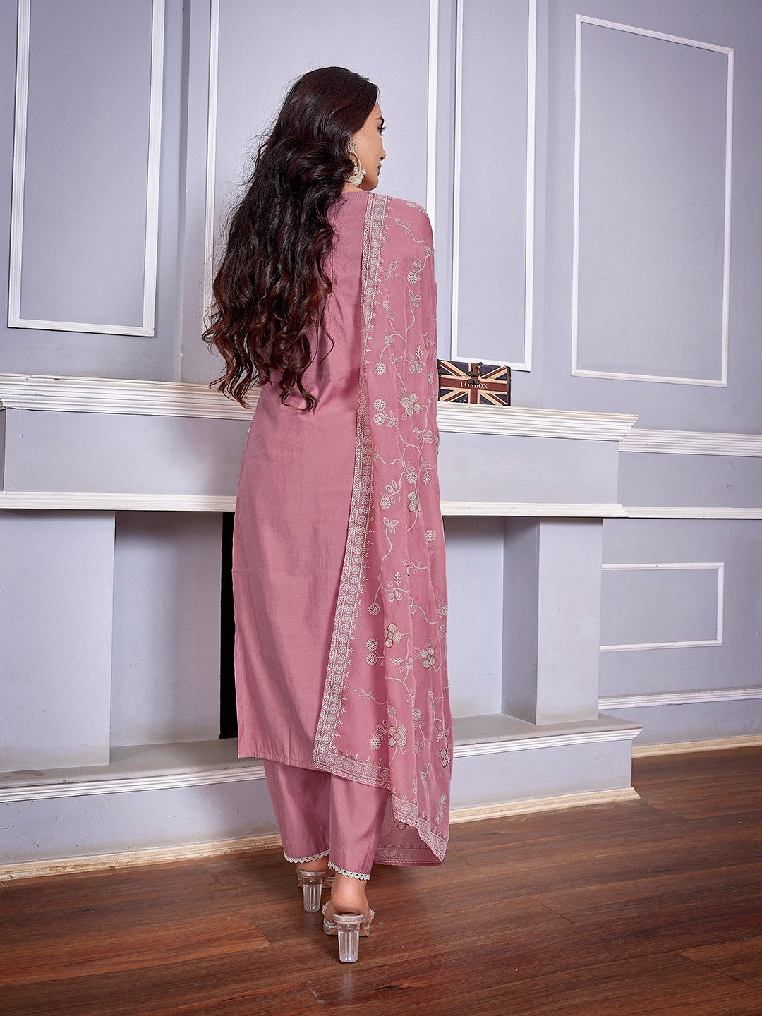 Pink Chanderi Ethnic Motifs Embroidered Straight Kurta Pant with Dupatta, 3pc, TK204