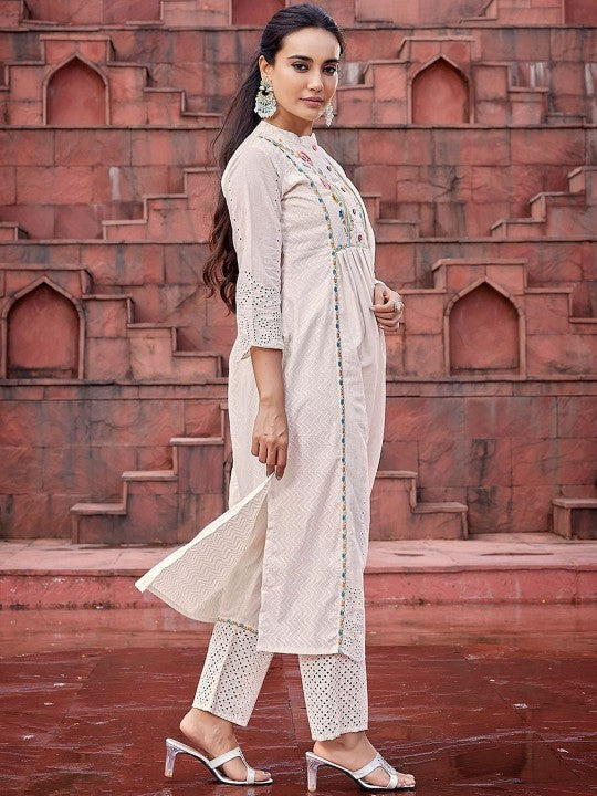 Off-white floral embroidered siot set with dupatta, 3pc, TK184